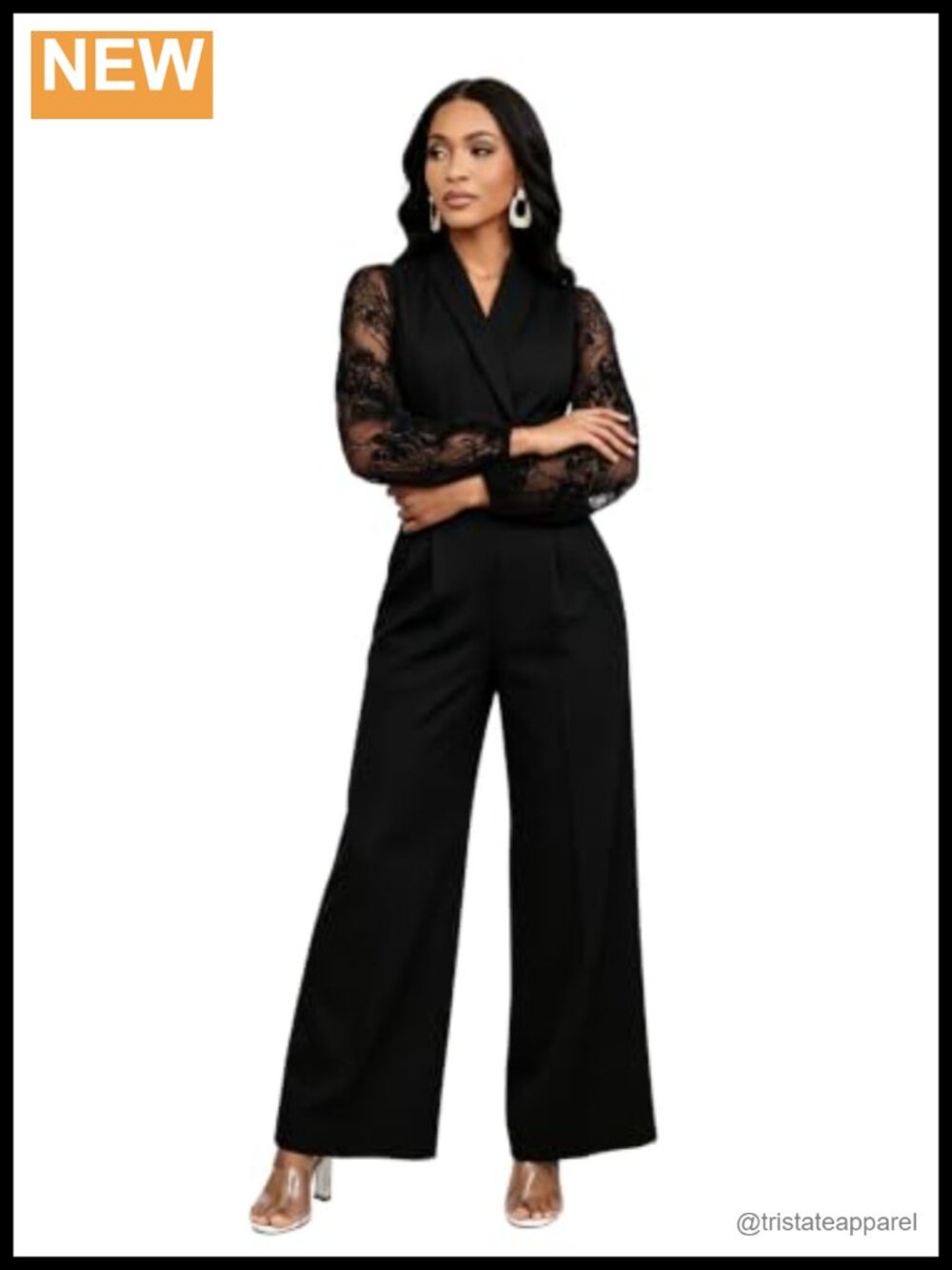 Women's Lace Sleeve Blazer Jumpsuit Notched Lapel Wide Leg Formal